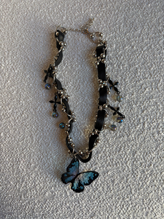 Crystal darkie blue butterfly choker